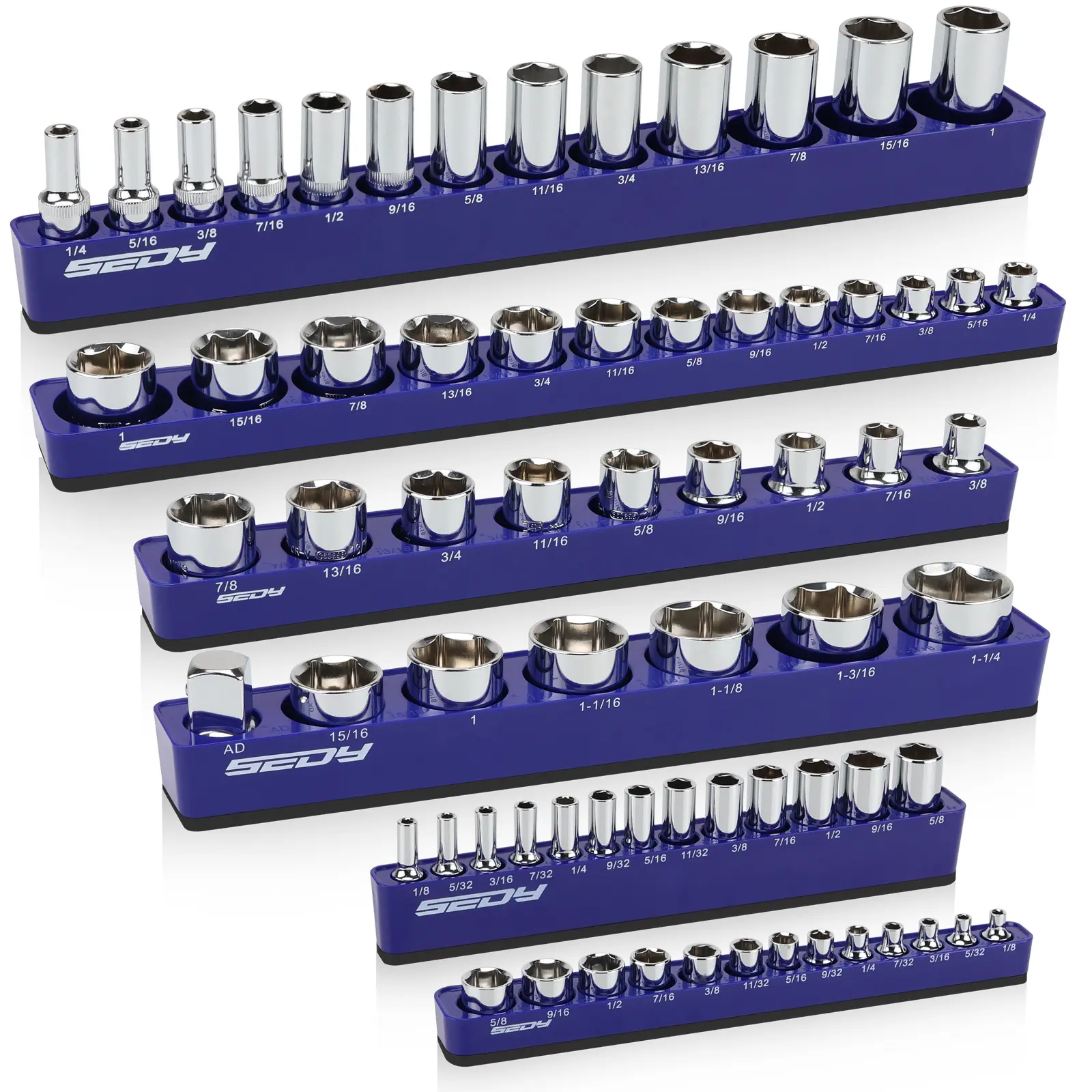 Sedy SAE Series Magnetic Socket Organizer Set (6-Piece) - 1/4"-3/8"-1/2" Drivers, Holds 68 Sockets, Detachable ABS Plastic Tray, 5mm Strong Magnetic Base, Screw-Fixed Storage, Metal-Built, SAE Labeling, Mechanic Garage Space-Saving Tool, Detachable Tray,