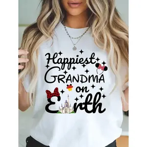 [100%25 Cotton] Women'SGraphic T-Shirt - 100%25 Cotton Short Sleeve Crew Neck Casual Tee With "Happiest Grandma On Earth" Print, Mickey Ears & Stars Design - Mother'S Day Gift, Spring Summer Machine Washable, Spring Summer Apparel |    T-Shirt For Men An