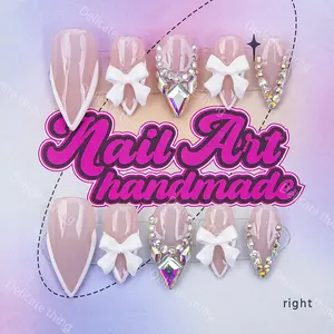 Delicatething  Y2K Style Almond Nail Set, Handmade Press On Wearable Nails with Glitter Decorative Nails, Colorful Diamonds, Colorful Rhinestones & Bow Design, Nail Art Supplies, S/m/l Sizes, Perfect Gift for Women