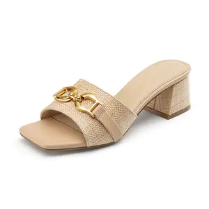 Women's Raffia Heeled Sandals Square Open Toe Slip On Mules Chunky Block Heels with Metal Chain for Summer Vacation
