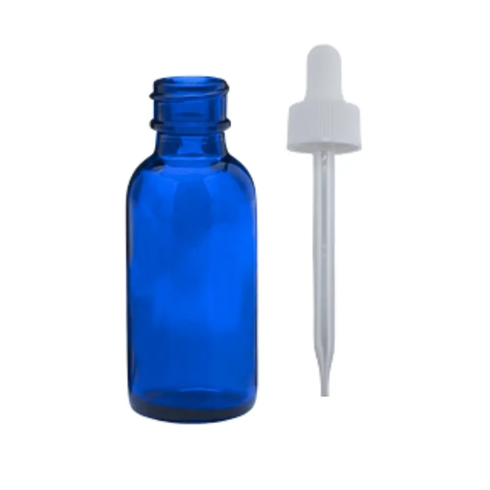 30 ml (1oz) Cobalt Blue Boston Round Glass Bottle With 20/400 White CRC Dropper Straight-Tip Glass Pipette - (360 PCS/CASE) 30 ml (1oz) Cobalt Blue Boston Round Glass Bottle With 20/400 White CRC Dropper Straight-Tip Glass Pipette - (360 PCS/CASE)