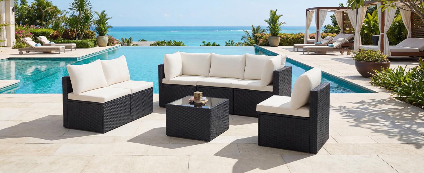 7 Piece Outdoor Patio Sectional Sofa, Modular Wicker Furniture Set with 2.8" Thick Cushions, Adjustable Feet, All-Weather Rattan Outdoor Couch for Backyard, Deck, Garden, Poolside 7 Piece Outdoor Patio Sectional Sofa, Modular Wicker Furniture Set with 2.8" Thick Cushions, Adjustable Feet, All-Weather Rattan Outdoor Couch for Backyard, Deck, Garden, Poolside