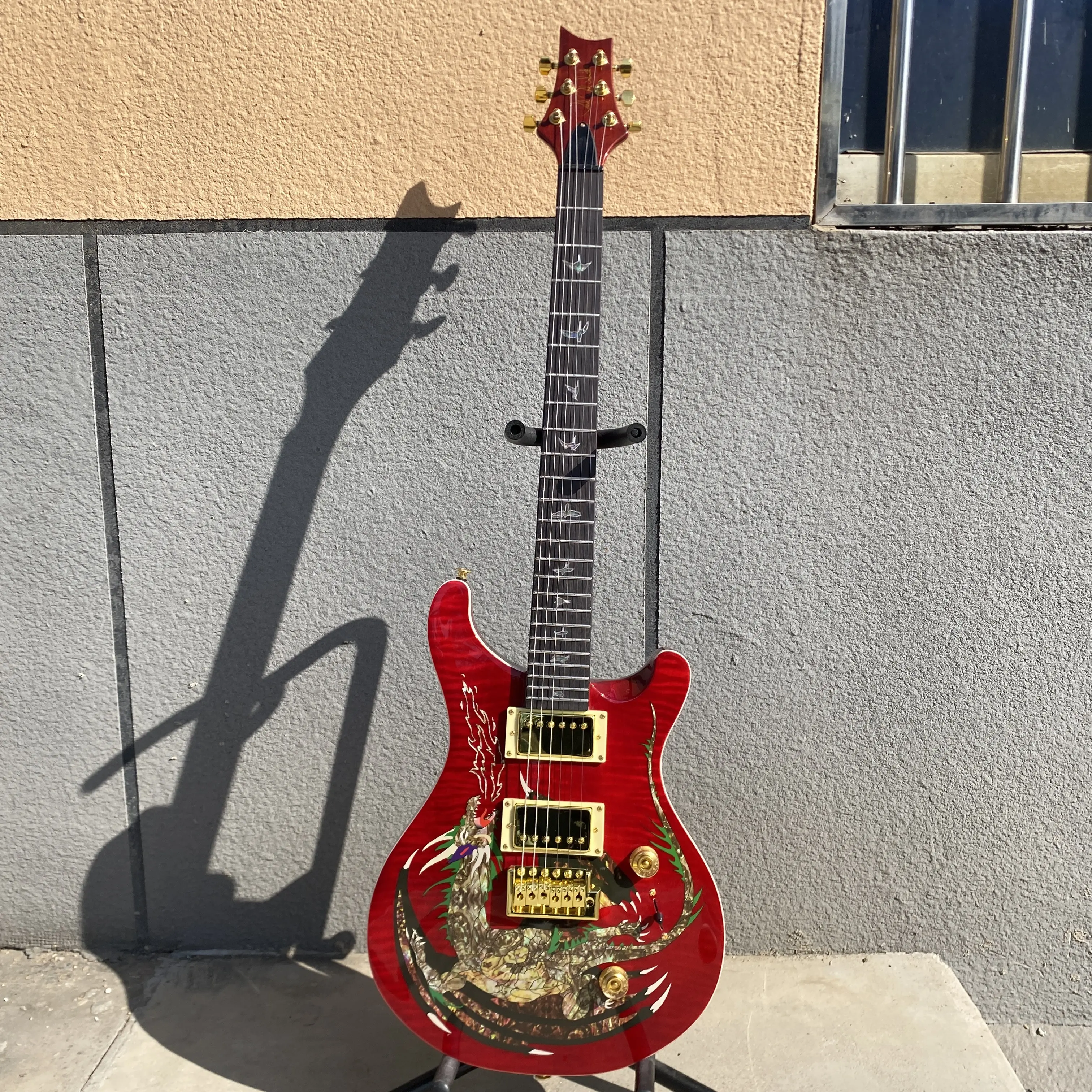 Custom Artwork PRS Guitar, Gloss Red Finish, Dragon Pattern Inlay, 24-Fret Dragon Guitars & Gear Accessories