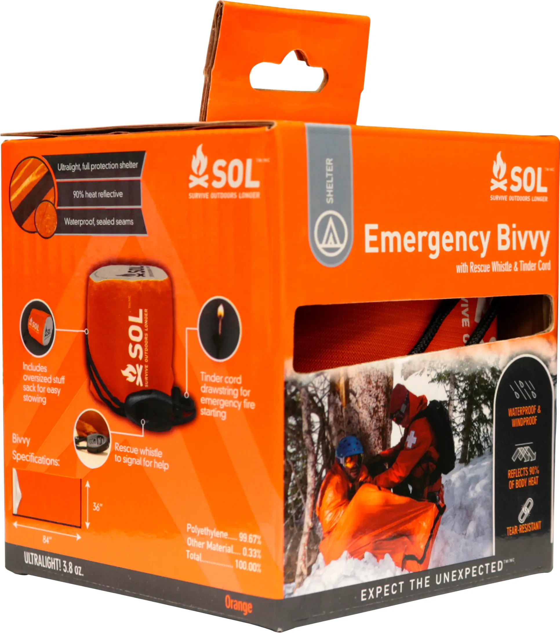S.O.L. Survive Outdoors Longer Compact Go-Bag Emergency Kit, Survival Tool, 90% Heat-Reflective Emergency Bivvy, Waterproof Seal, Whistle, Tinder Paracord Drawstring, for Outdoor Use, Orange, Go-Bag Emergency Kits
