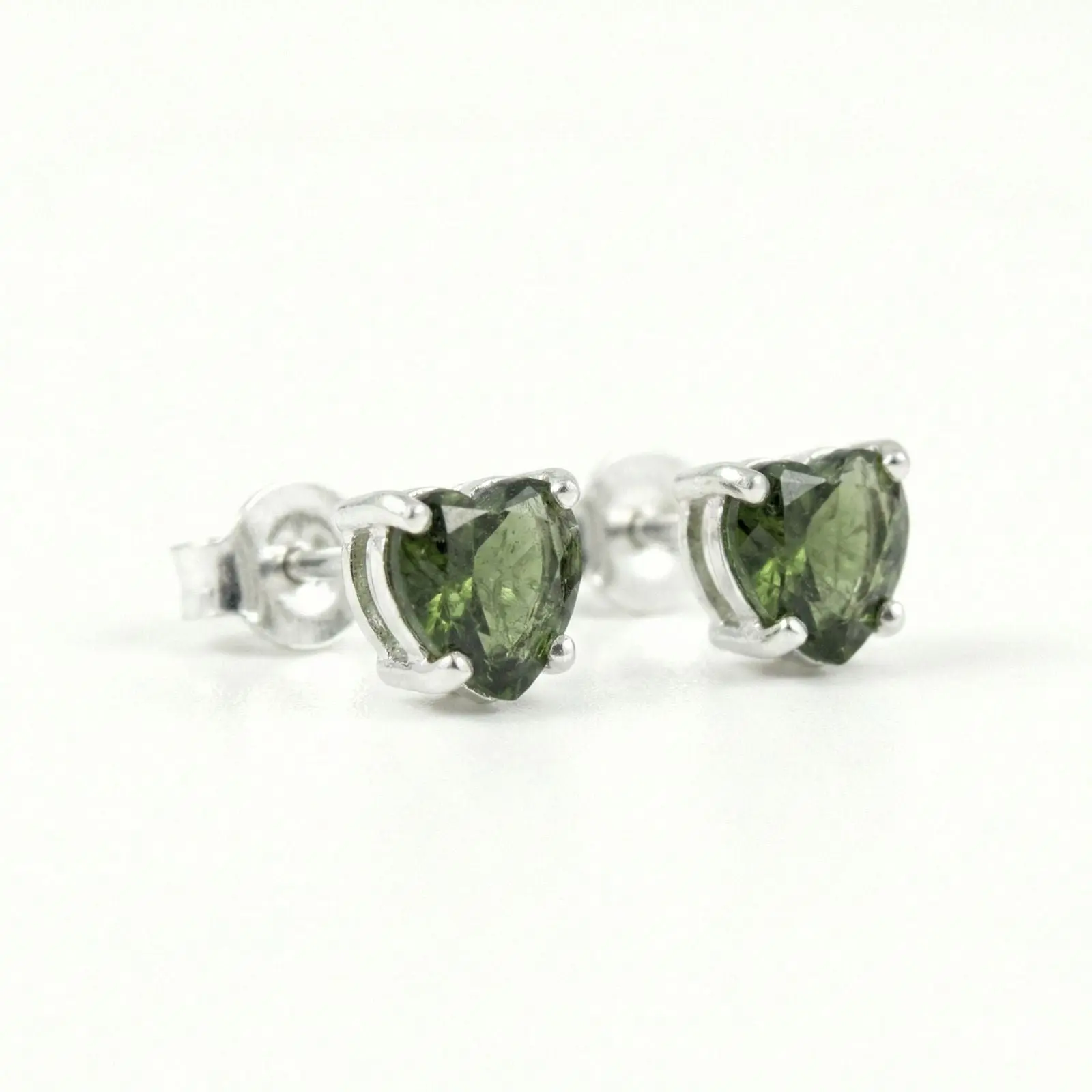Moldavite Faceted Dainty Heart Shaped Earring studs in 925 sterling silver (4mm)