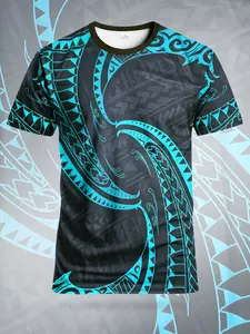Polynesian Style Print Short Sleeve T-Shirt, Unisex Fashion Casual Top, Summer Trendy Pattern Men's Clothing, Fitted H-Type, No Collar