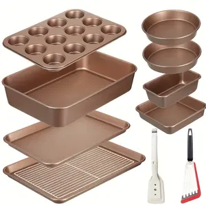 11-Piece Non-Stick Carbon Steel Baking Pan Set | Cookie Sheet, Cake Pan, Muffin Pan & More | Gold Multi-Use Bakeware