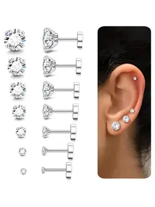 7pairs-10pairs Flat Back Earrings Set, Hypoallergenic Stainless Steel Studs, Cubic Zirconia Stones, 2-8mm, for Sensitive Ears