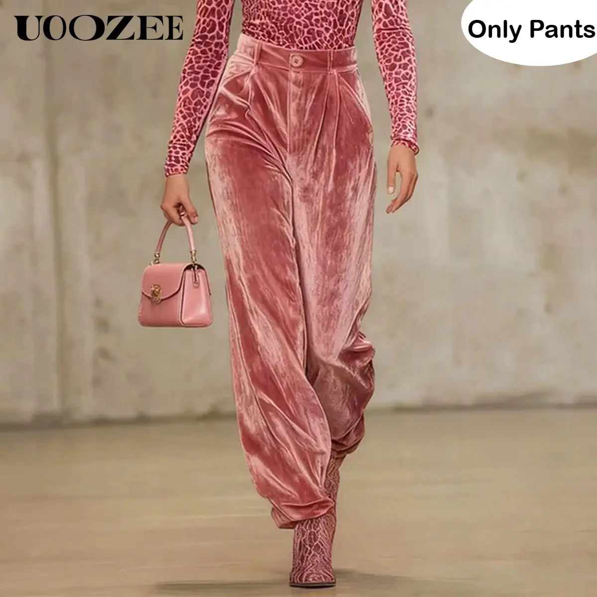 UOOZEE Women's Autumn Blush Pink Smooth Plush Polyester Silky Velvet High-Waist Pants with Pockets, Buttoned Loose-Fit Full-Length Pleated Bottoms, Spandex-Blend, Ideal for Evening Events, Pair with Bodysuit/Sequin Top/Blazer (Size Up 1 for Relaxed Fit)