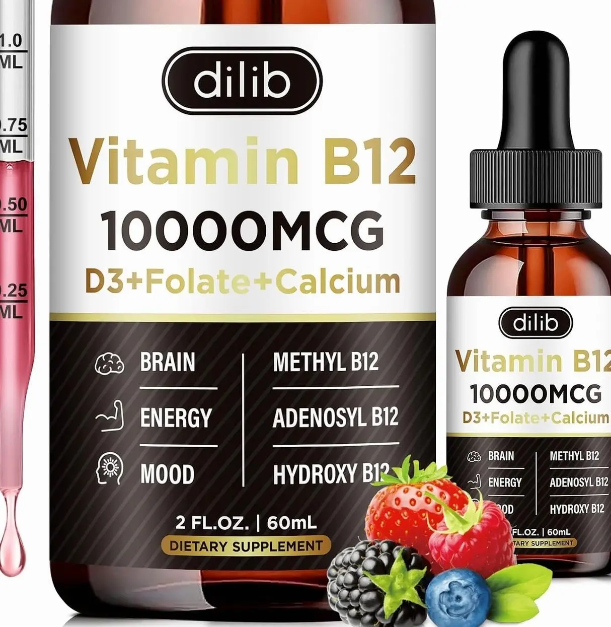 Vitamin B12 Complex 10000 mcg | Vegan Triple Liquid B-12 Drops Sublingual Supplement | Methylcobalamin & Adenosylcobalamin & Hydroxo Blend for Long-Lasting Energy and Healthy Metabolism Berry Flavor