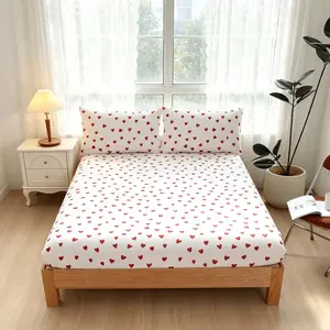 Simple Love Print Fitted Sheet, soft and comfortable 3-piece set, Complete Sheet Set, suitable for bedrooms and guest rooms, deep pocket design, includes 1 fitted sheet and 2 pillowcases, Bedsheet Sets