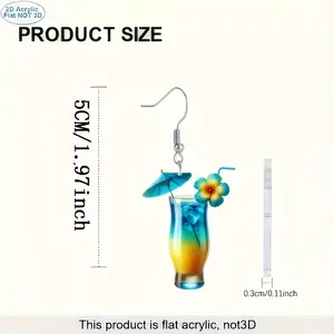 2D Flat Tropical Cocktail Acrylic Earrings Vibrant Blue Orange Gradient with Hibiscus Umbrella Design Lightweight Comfortable Pair for Cocktail Parties