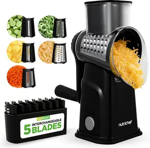 NutriChef 5-in-1 Cheese Grater, Slicer & Shedder - Black | Multipurpose Grater with Suction Base, Rotary Handle, 5 Interchangeable Blades Style for Thin, Thick, Wavy, Semicircular Hole & Straight Cuts - Daily Use Kitchen Tool