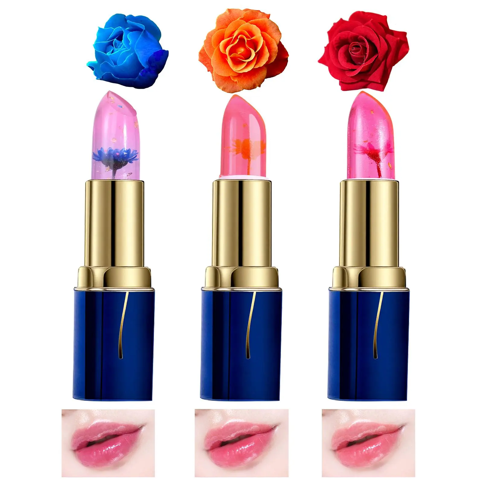 3-Color Flower Color-Changing Lipstick - Hydrating Formula, Unique Shade Shift, Perfect for Daily Wear Gloss Lipgloss Wine Glass Lip Glaze Set Long Lasting Liquid Lipstick Set