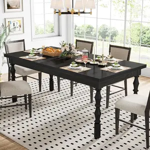 Tribesigns Wood Black Dining Table for 4-6 People, 62” Farmhouse Large Rectangle Kitchen Table, Dining Room Furniture with Carved Turned Legs