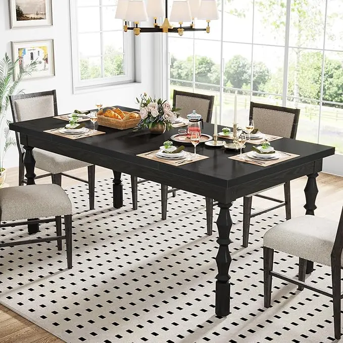 Tribesigns Wood Black Dining Table for 4-6 People, 62” Farmhouse Large Rectangle Kitchen Table, Dining Room Furniture with Carved Turned Legs