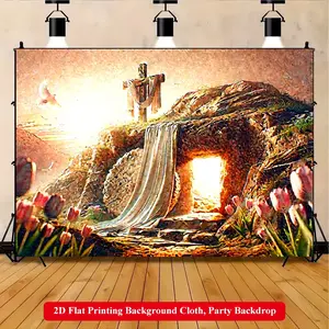 2D Flat Printing Backdrop Banner 1pc, Jesus Resurrection Tomb Open Background Cloth, Multi-Size Polyester Wall Decor Suitable for LivingRoom, Bedroom, Office, Outdoor Parties and Holiday Gifts, No Electricity Required, Standing Banner