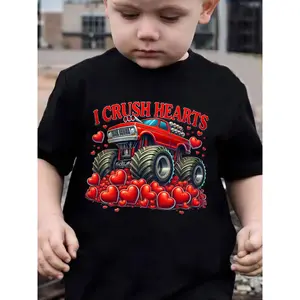 Boys' Valentine's Day I Crush Hearts Truck & Heart Print T-Shirt - Short Sleeve Summer Top with Heart Stacks, Cute Casual Round Neck Tee for, Heart Proof Outfit NY-DX7508