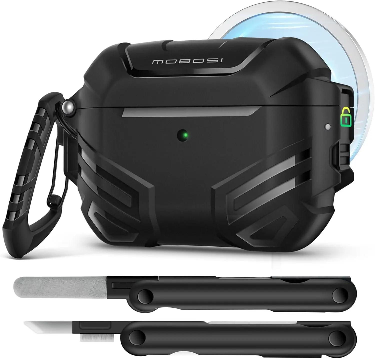 MOBOSI Portable Lightning Wired Charging Case for AirPods Pro 3rd Gen Wireless Earbuds, MagSafe-Compatible, Military-Grade Hard Shell with Lock, 1Cleaner Kit, 1Carabiner Keychain, USB-C Support, 1Manual, 1Removal Tool, Enhanced Protection, Lock Clip, Poly