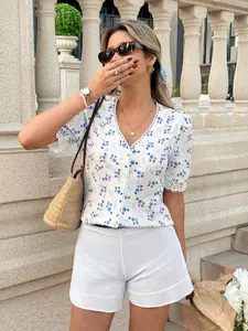 Women's French Lace Trim Blue Patchwork Summer Work Shirt, V-Neck Floral Short Sleeve Blouse, Casual Fashion Top for Women