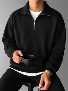 Men's Autumn Winter Half-Zip Stand Collar Long Sleeve Sweatshirt, Casual Fitted Plain Kint Fabric, Moderate Thickening, Fall & Winter Wear
