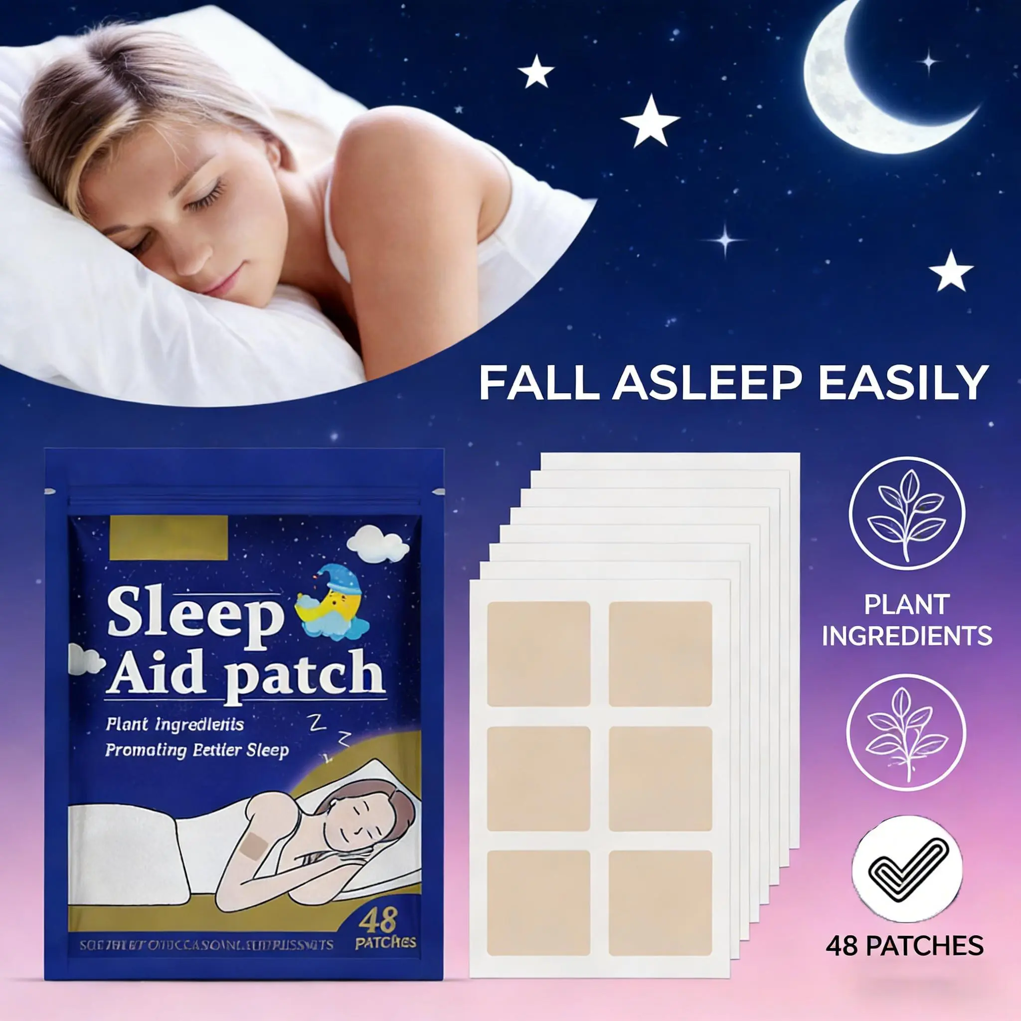 Natural Sleep Patch, 48 Count Sleep Aid Pack for Night Time Stress Relief, Relaxation & Calming Aid for Adult Men & Women, Sleep Quality, Night Routine