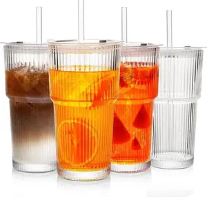 8 Pack Thick Ribbed Iced Coffee Glass Cups with Lids & Straws, Reusable Cold Drinkware for Smoothies & Outdoor Use,&tumbler
