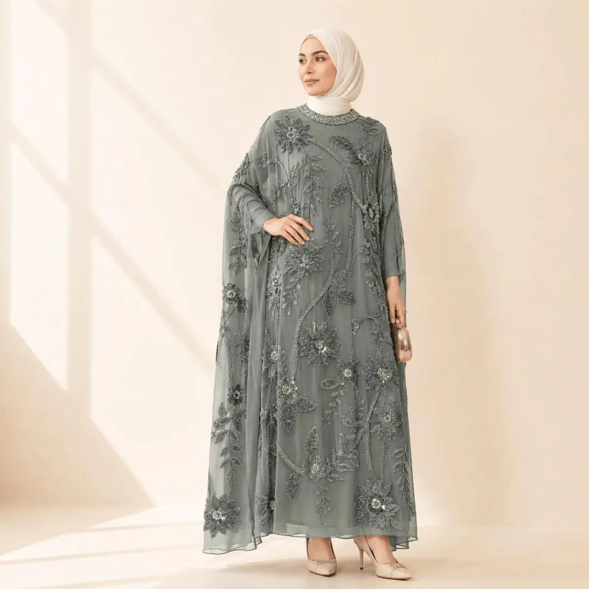 Embroidered Pearl Floral Abaya with Draped Batwing Sleeves(MA453)