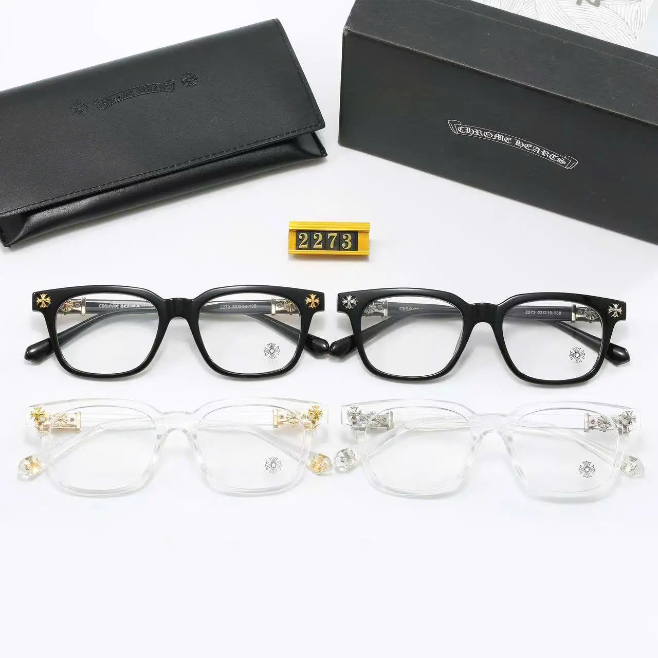 High-End Chrome Hearts Square Eyeglass Frames for Men & Women, Luxury Black Gold Cross Detail Optical Glasses, Premium Designer Style Unisex Frames with Leather Case