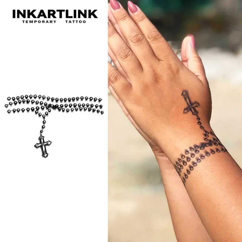 INKARTLINK Magic Art Design Series 2-Sheet Variety Sticker Tattoos - Waterproof, Semi-Permanent, Cross Shape, Fake Sleeve, Skin-Safe Temporary Tattoo for Men & Women, Sensitive Arm Body Art