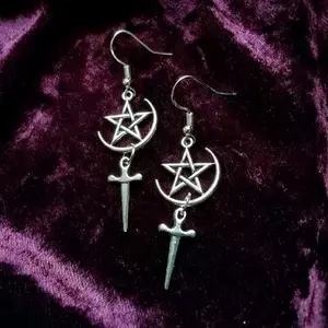 Silver Crescent Moon Star Dagger Earrings