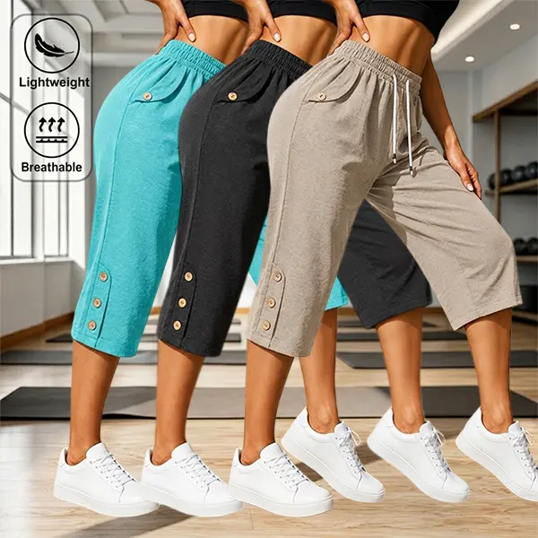 Available in 3-, 2-, or 1-pack options; versatile for spring/summer; button detailing; comfortable elastic waistband; pockets; casual seven-eighths-length pants suitable for work, commuting, and outdoor activities (pre-order).