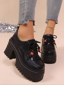 Punk Style Thick Sole Platform Shoes for Women, New Arrival Tassel Tie-Up Chunky Heel Retro Height Increasing Single Shoe