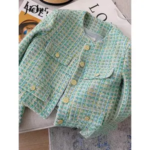 Elegant Luxury Green Plaid Tweed Jacket Women French Vintage New Spring Autumn Casual Blazers High Street Short Suit Coat