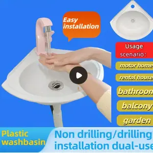 No-Drill Installation Plastic Sink for Bathroom, RV Faucet Basin, Wall-Mounted Triangular Corner Sink, Easy Setup for Outdoor Camping, Portable Sink, Removable Sink