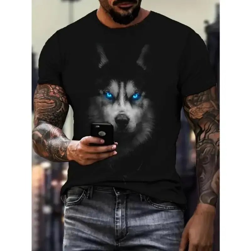 Men's Cotton Knitted Breathable Short-Sleeve Crew Neck Tee - Soft Unisex Fit, 3D Digital Cool Husky Print with Shiny Eyes, 3XL, True Size, All Seasons, Cold Wash, Made in USA