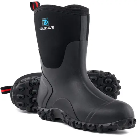 Trudave Women's Mid-Calf Rubber Rain Boots - No Steel Toe, Built-in Steel Shank, 6mm Neoprene Insulated, Waterproof, Deep-Tread Traction, Moisture-Wicking Upper, Arch Support, Breathable, All Seasons Footwear, US Sizing Black Work Mud Shoes for Women