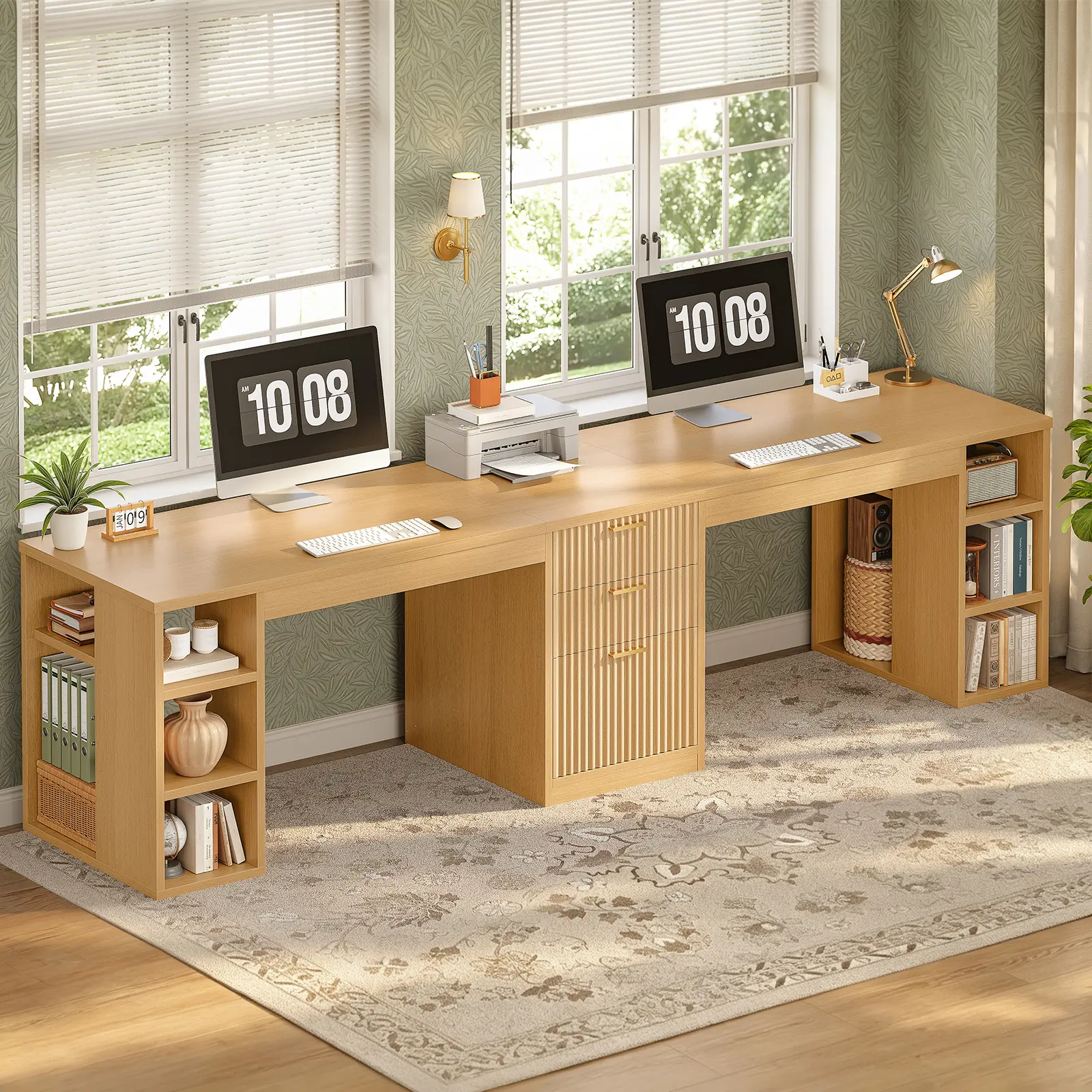 SEDETA 96.5 Inch Fluted Computer Desk with Drawers 2 Person Home Office Desk Gaming Double Desk with Storage Shelves Long Two Person Writing Desk