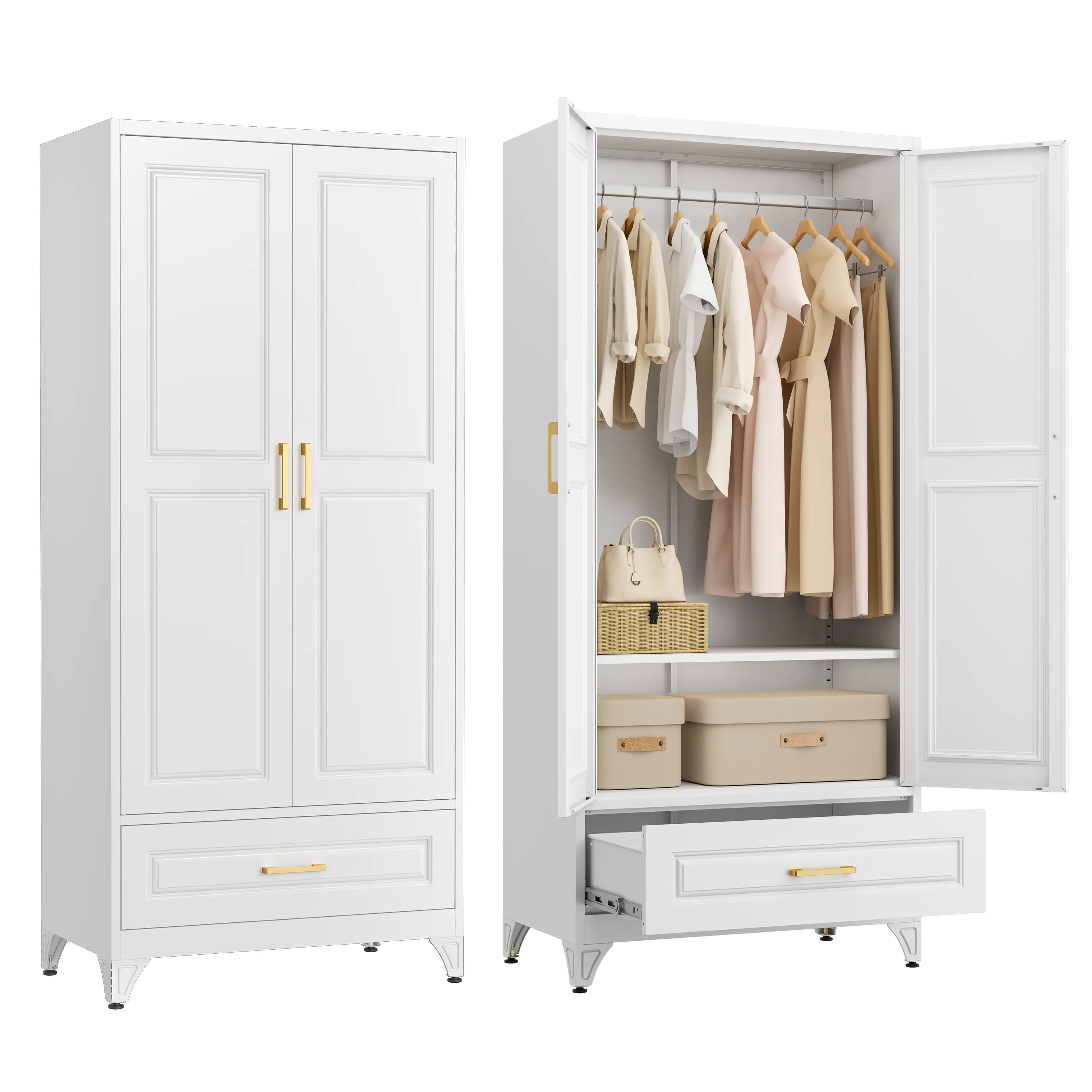 SteeLoong 75" Metal Storage Cabinet with Doors and 3 Adjustable Shelves | Kitchen Pantry Cabinet with Drawer,White Kitchen Cabinet with 2 Gold Handles,Food Cupboard for Livingroom,Pantry, Bathroom