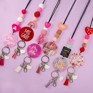 By the Graces Personalized Valentine's Day Teacher Lanyards - 40" Beaded Lanyard with Silicone & Wooden Beads - Durable & Stylish for ID Badges & Keys - Great Gift for Teachers