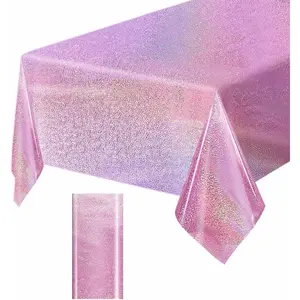 1 Pack Light Pink Iridescent Disposable Plastic Tablecloth 54×108 Inch Glitter Holographic Foil Laser Rectangle Table Cover for Birthday Wedding Disco Party