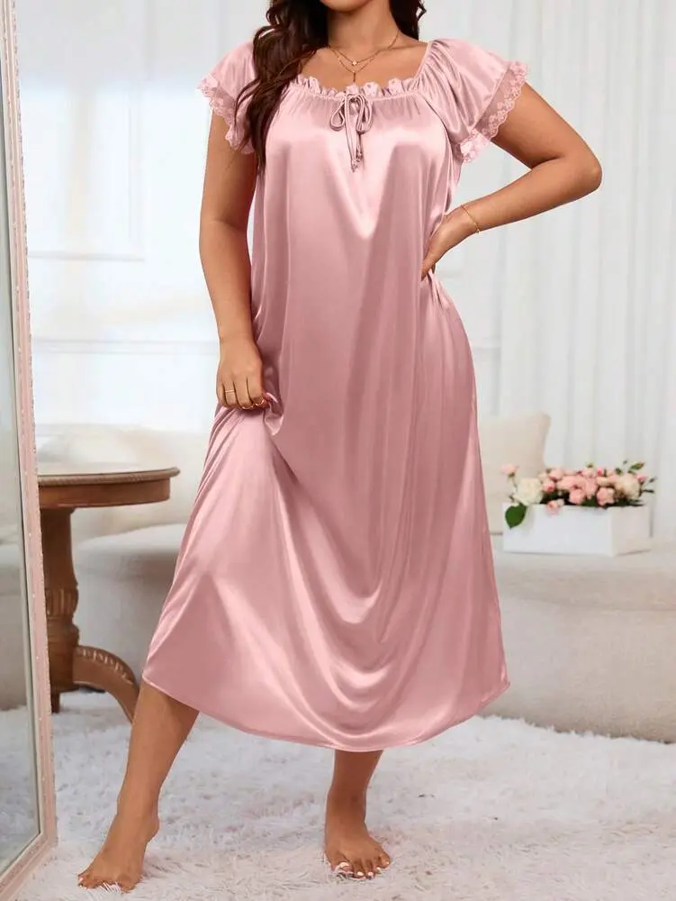Plus Size Square Neck Bow Pajama Night Dress – Long Loose Sleep Dress, Soft Moo Moo Nightgown for Cozy & Stylish Bedtime Comfort