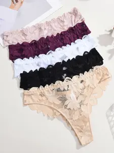 Women's Lace Patchwork Breathable Underwear Set, 5 Pieces, Daily Commute Party Date, Comfortable and Stylish Lingerie, Breathable Comfy Panties, Soft Breathable Panties, Floral Lace Underwear