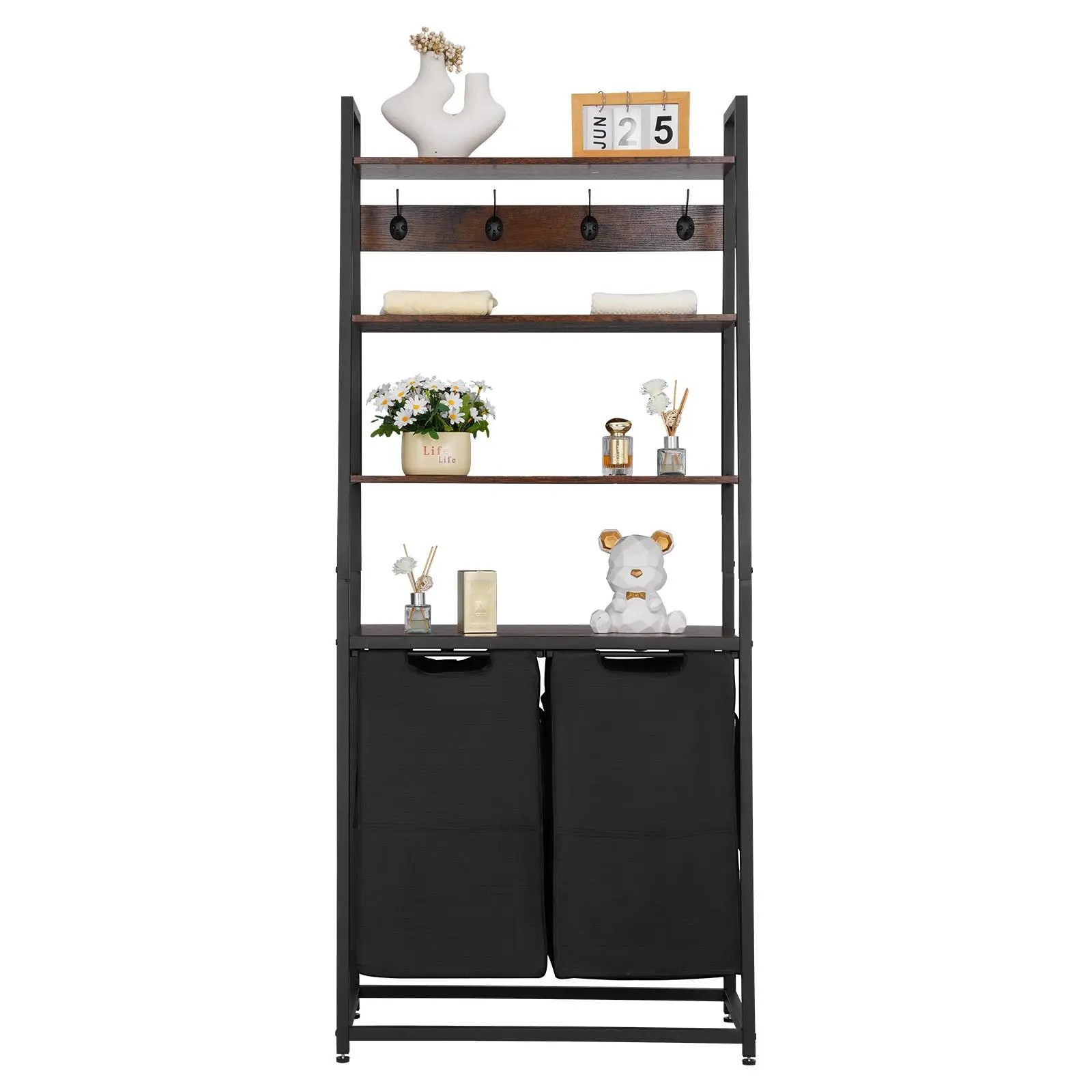 VEVOR 4-Tier Laundry Bin Sorter, Wear-Resistant Carbon Steel Frame Storage, 2-Section 600D Oxford Cloth Bags, Adjustable Waterproof Shelves, PP Hooks & Ladder Shelf, Tall Freestanding Hamper for Bathroom Dirty Clothes, Father's Day Gift, With Handle
