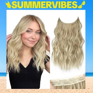 AISI HAIR Heat Resistant Synthetic Hairpieces, 16in Wavy Extensions Hair with Invisible Clip-Ins, Adjustable Transparent Wire & 4 Secure Clips for Everyday Natural Look