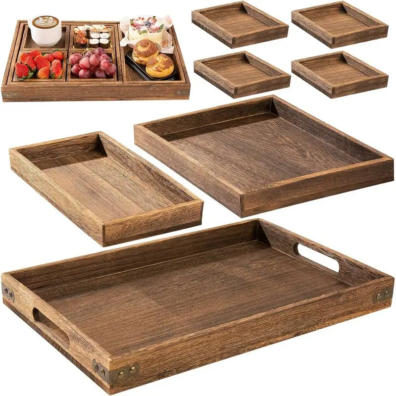 7-piece wooden nesting tray set – wood grain design, suitable for home decor, coffee tables, and farmhouse storage; space-saving nesting design; lightweight trays for breakfast and parties, capable of holding snacks, desserts, and beverages Plates Serving