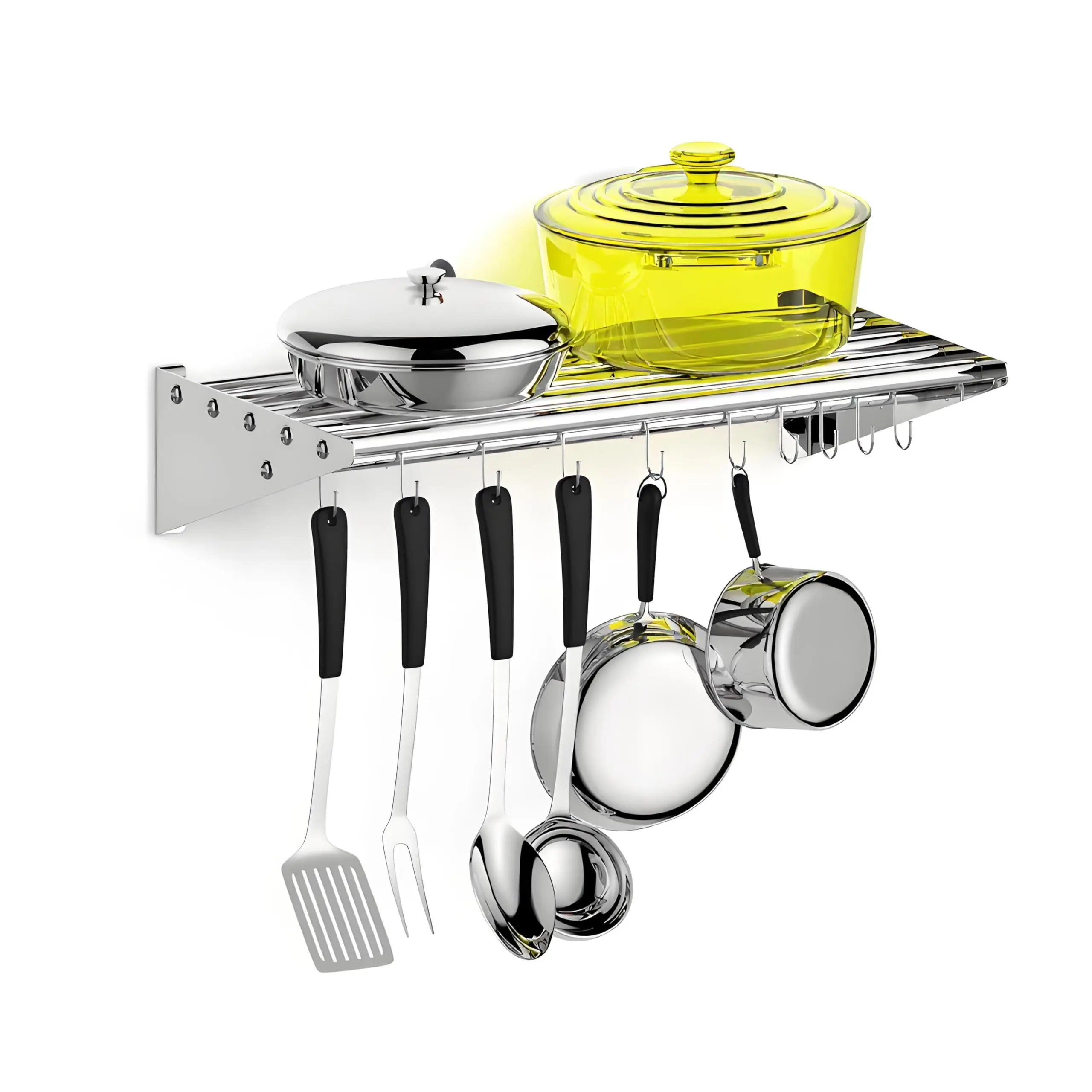 GARVEE Durable Hangable Industrial Stainless Steel Kitchen Shelf Storage Rack, Hand-Mount Smooth Wall Organiser with 10 S-Hooks for Pots & Pans, Chrome Finish, 60x12x5.5 In, 12.9 Lbs, 12.9 Pounds