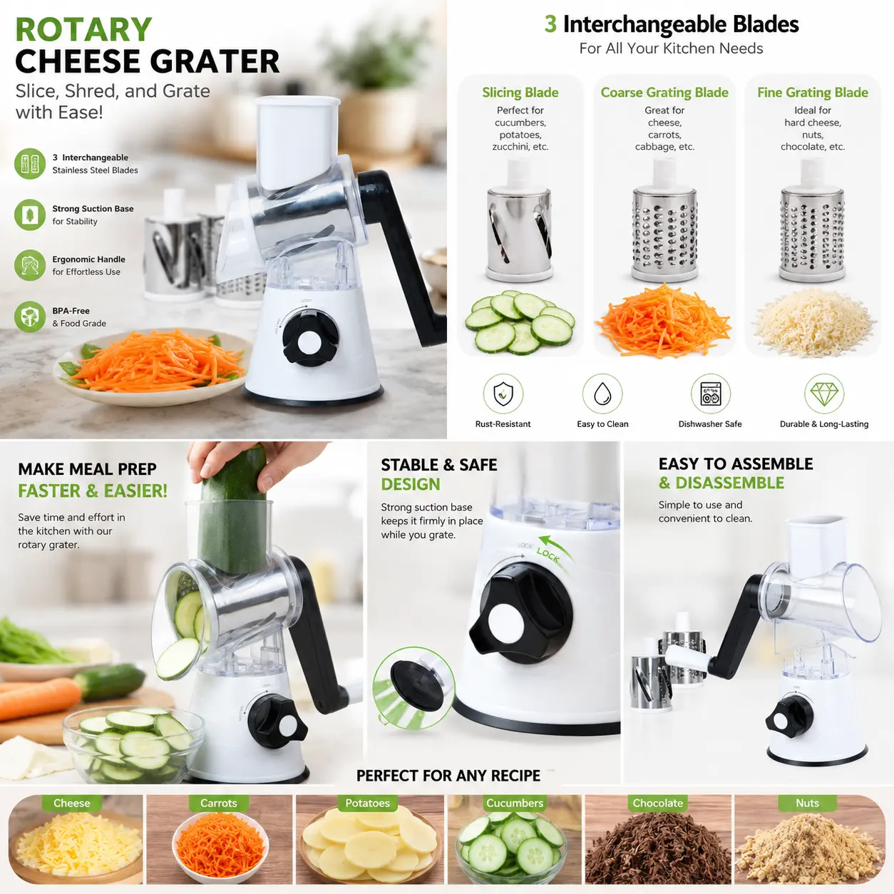 3-in-1 Kitchen Rotary Drum Cheese Grater - Compact Quick and Convenient Manual Food Prep Utensil with Interchangeable Stainless Steel 3 Blades, Vegetable Slicer Shredder for Cheese, Vegetables, Chocolate, Baking Projects