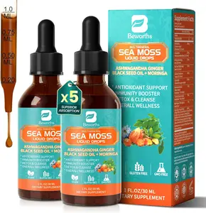 Sea Moss Drops - Irish Sea Moss Chlorophyll Liquid with Black Seed Oil, Ashwagandha, Moringa, Turmeric, Elderberry, Mullein, Seamoss Gel Supplement for Gut & Liver Cleanse, Immune Support - Vegan 2 Oz