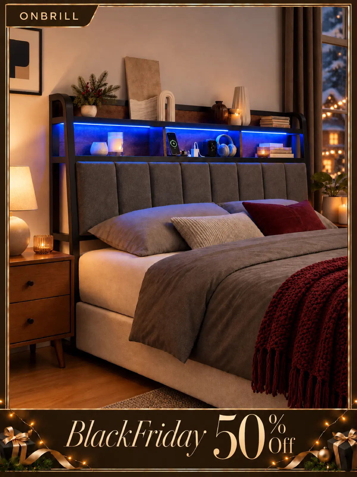 【Black Friday】ONBRILL Ergonomic Upholstered Headboard - Queen/King Size, 2-Tier Storage, LED Lit, USB Ports, Height Adjustable, Sturdy, Modern Bed Frame Furniture (Headboard Only), Led Lit Headboard